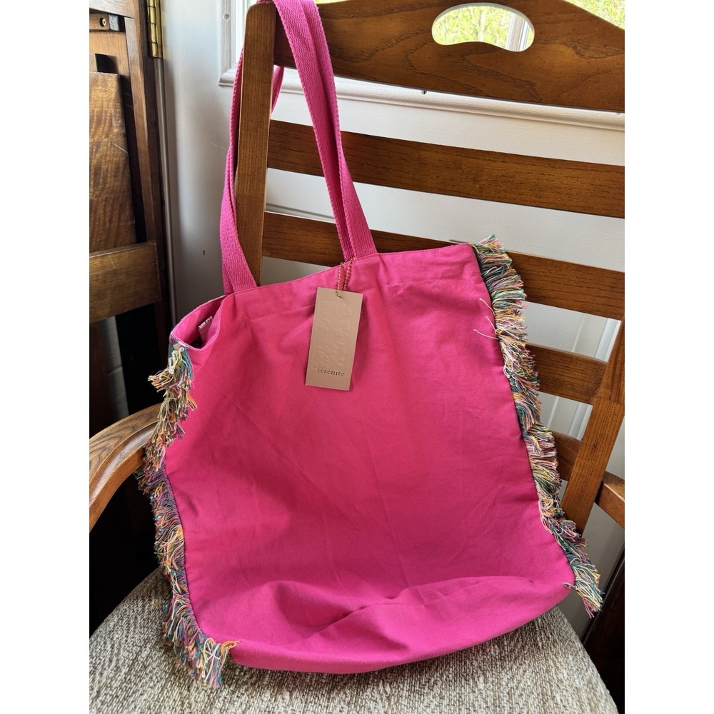 Floral Woven Tote Bag Pink Straps Fringe Boho Reusable Lightweight - Picture 8 of 10